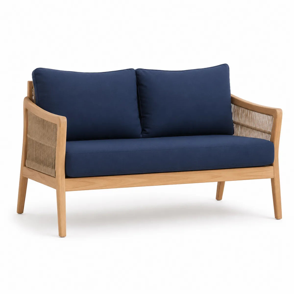 Dwuosobowa sofa zewnętrzna niebieska z drewna teak i tkaniny poliestrowej 140 cm