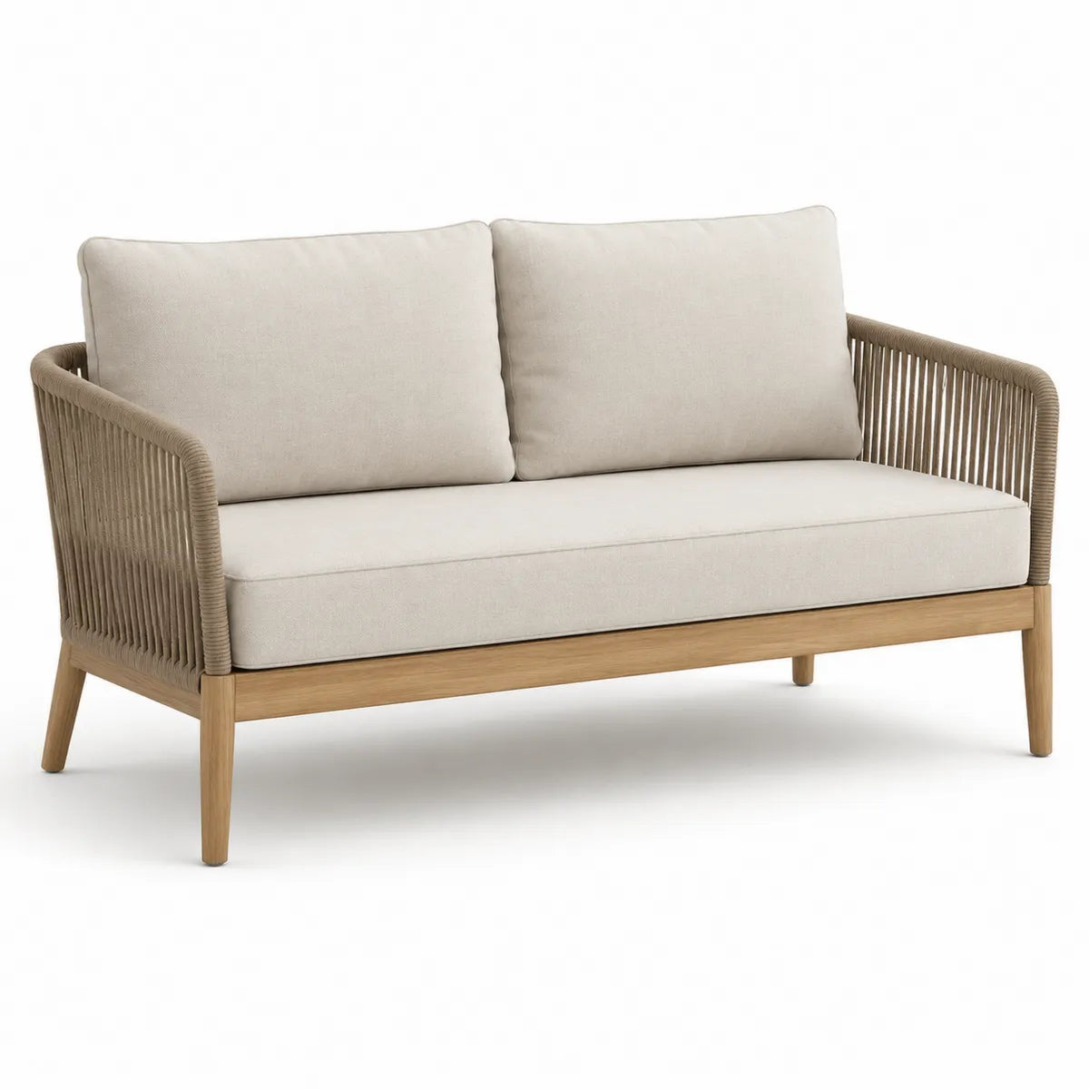 Sofa ogrodowa dwumiejscowa beżowa drewno teak tkanina poliestrowa 150 cm