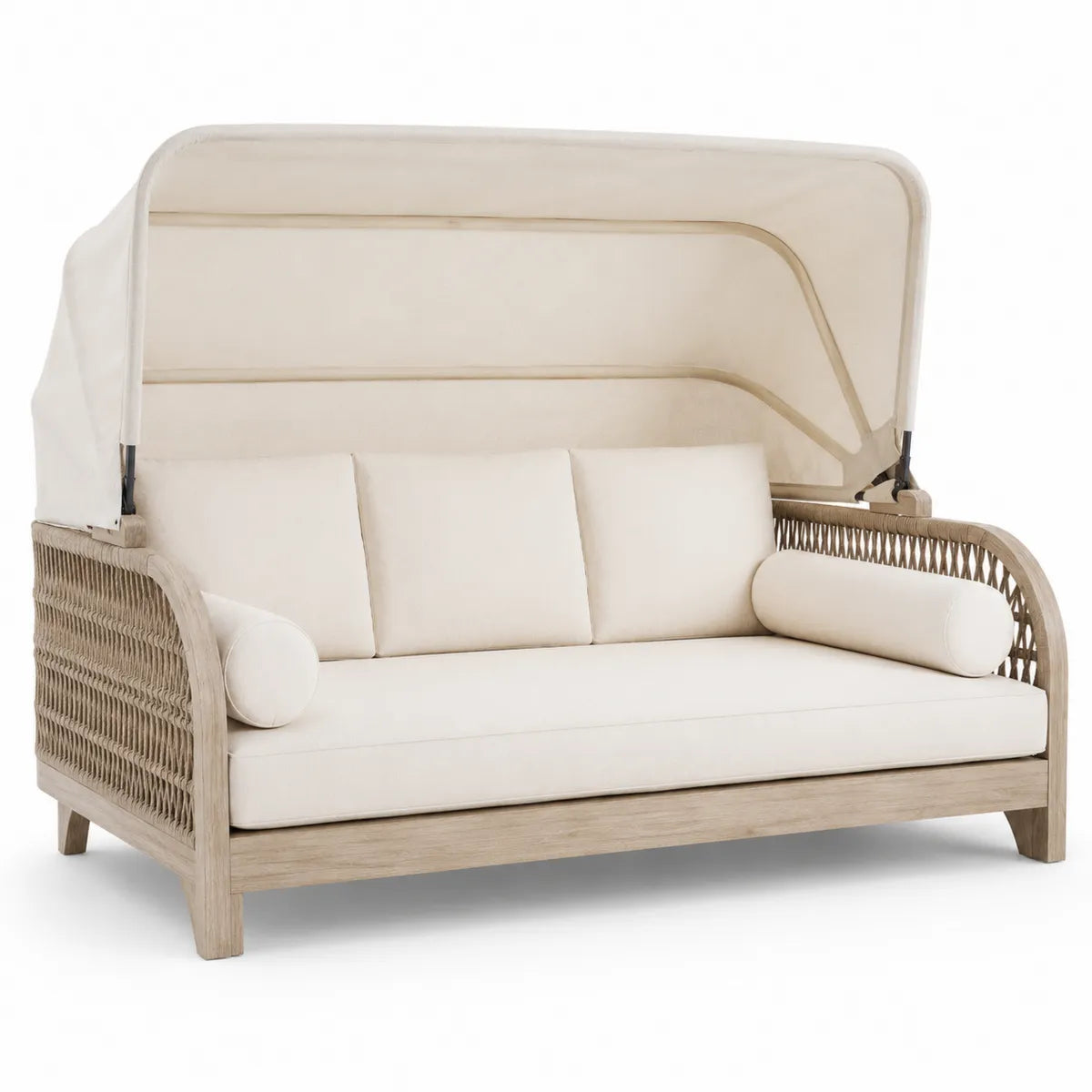 Leżanka ogrodowa z baldachimem, drewno teak, rattan PE, beżowa