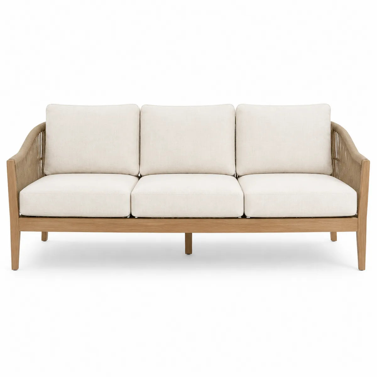 Drewniana sofa ogrodowa 3-osobowa z beżowymi poduszkami