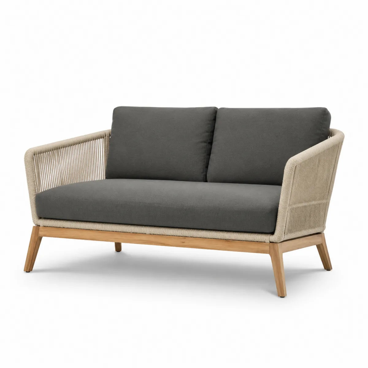 Sofa dwuosobowa z drewna tekowego i grafitowych poduszkami
