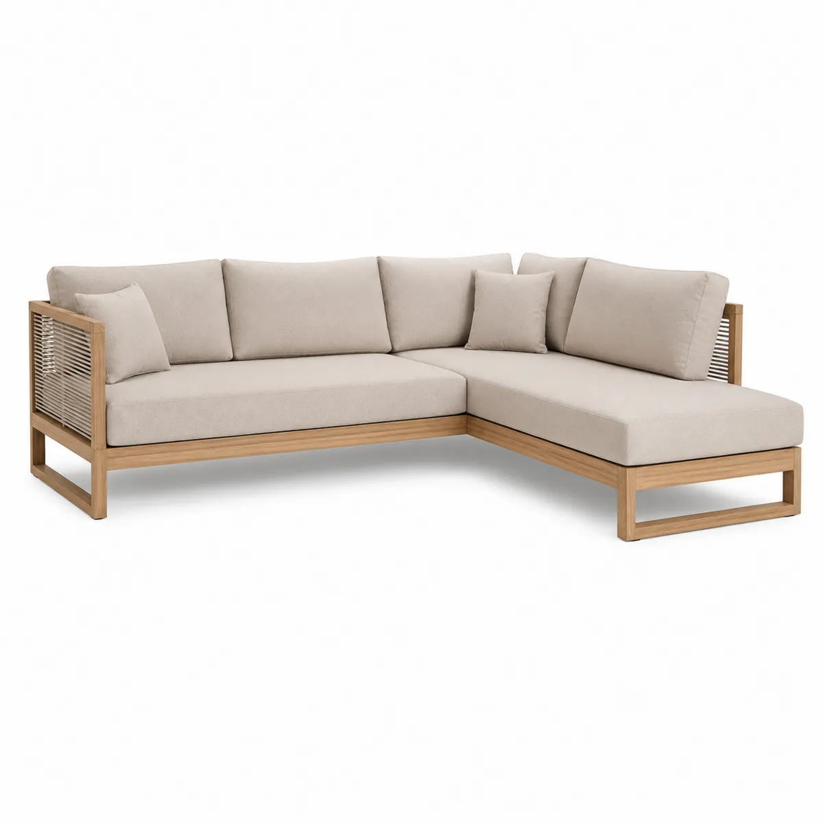 Narożna sofa z drewna tekowego z poduszkami z bawełny 250x180 cm