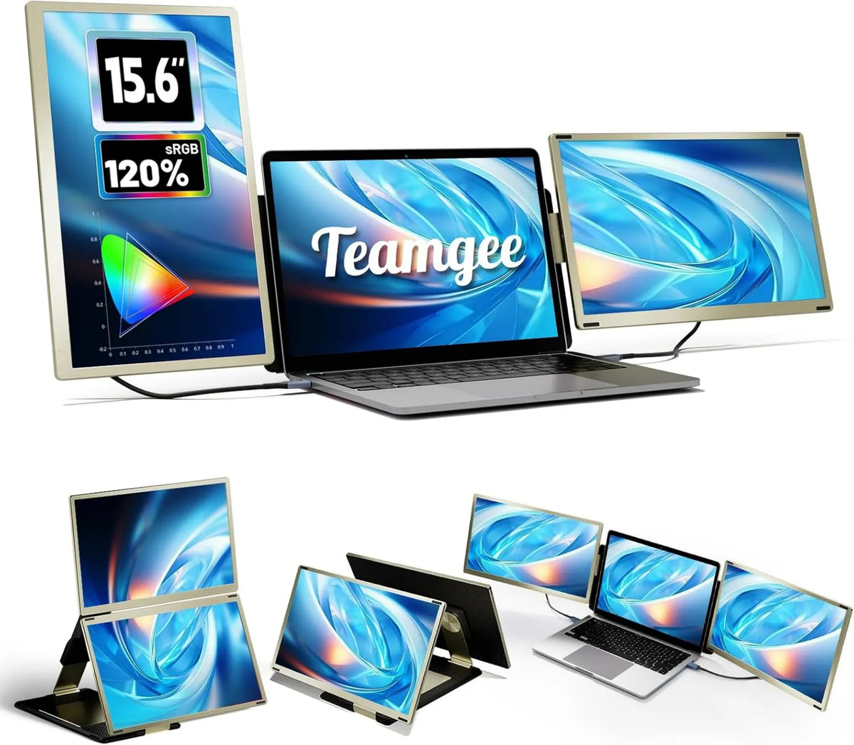 Teamgee monitor komputerowy, 1080P Monitor, 15.6 cali, laptop, Full HD, Mac, chromowany, przenośny ekran 15.6 'Triple Monitor FHD 1080P przenośny komputer odpowiedni