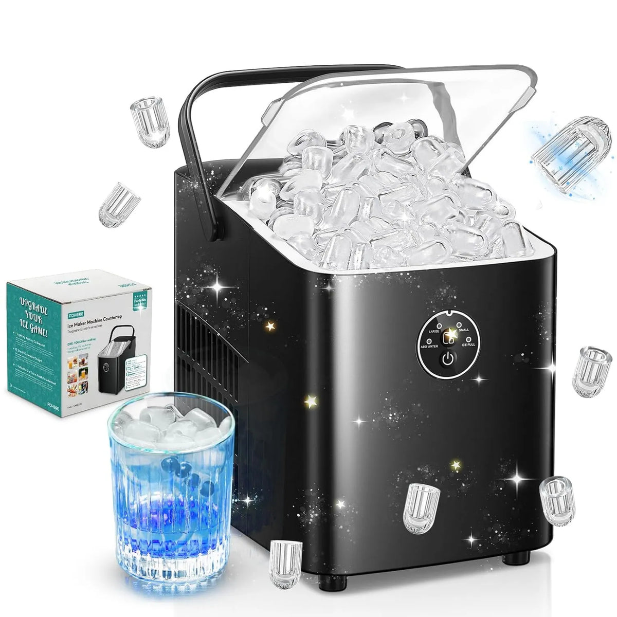 FOHERE kostkarka do lodu, 4K UHD, tłumik, kemping, Bar, 14 kg, 2 rozmiary, 8 kostek lodu w 5 minach