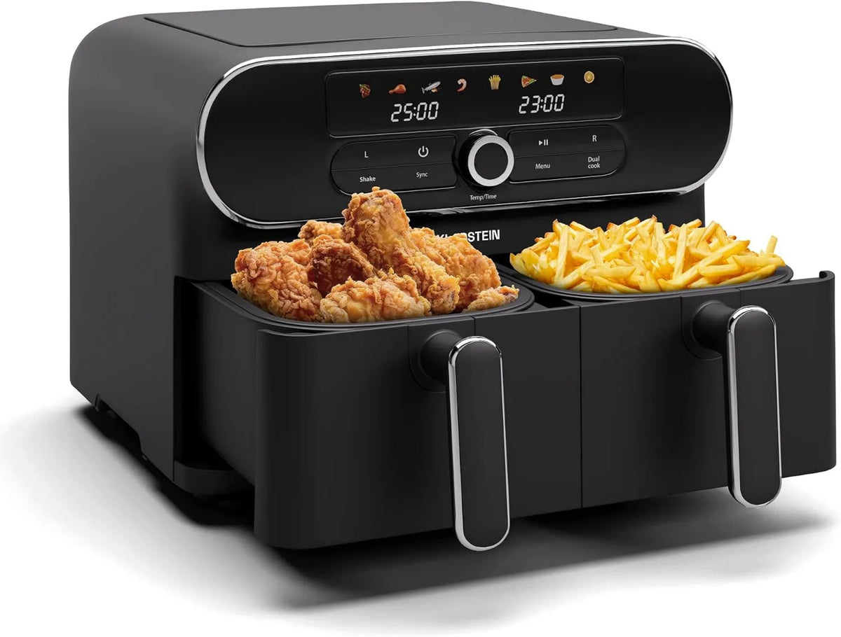 KLARSTEIN frytkownica beztłuszczowa, czarny / srebrny, AuraAir kolor dotyk podwójny olej wolny Fry, 10 l, 2 Komory, 1700 W, dotykowy ekran, powłoka antypatykowa, 80- 200°C
