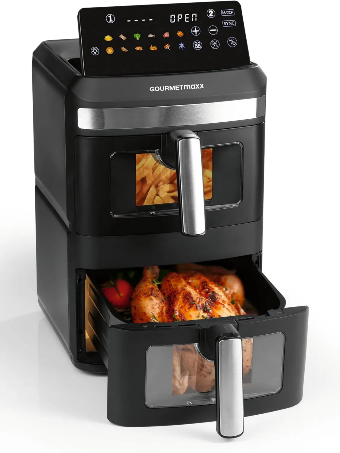 Frytkownica beztłuszczowa, sterowanie dotykowe, Airfryer z 9,6-calowym wyświetlaczem dotykowym LED i 12 programami, frytkownica na gorące powietrze