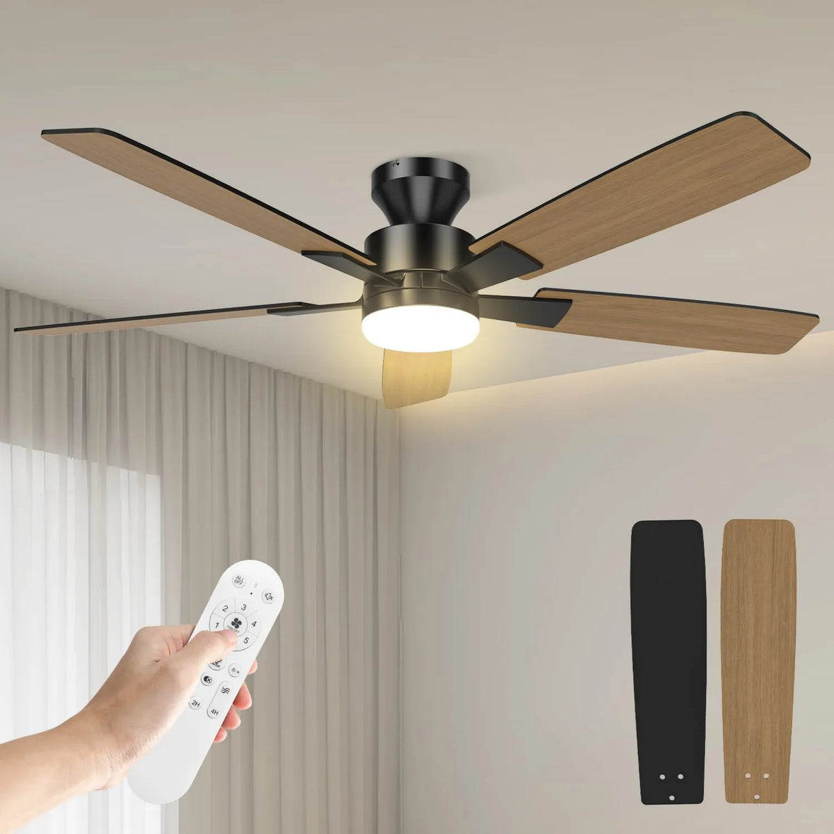 Airwit, Wentylator, 132 cm, Koło powietrzne, dekoracja w salonie, tłumik, czarny, przyciemniany LED, odwracalny silnik prądu stałego, 6 prędkości