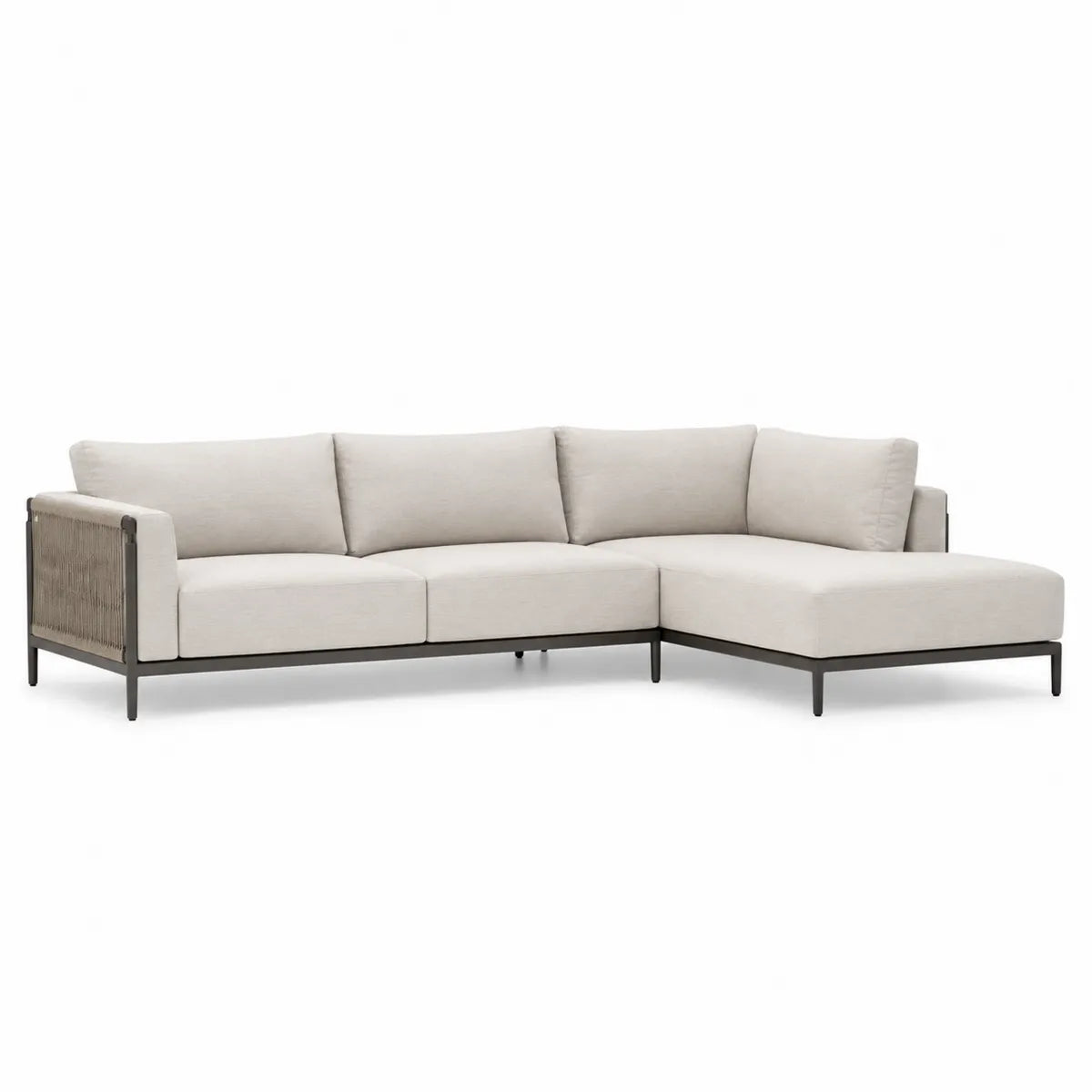 Narożna sofa ogrodowa z beżowej tkaniny i aluminiową ramą 280 cm