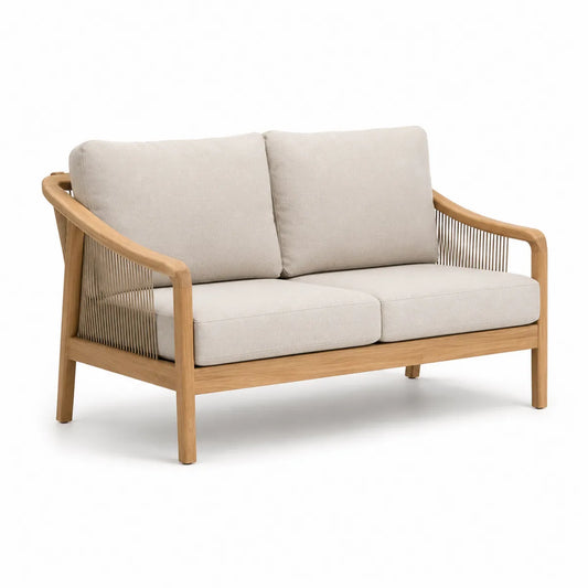 Dwuosobowa sofa z poduszkami beżowy poliester drewno tekowe
