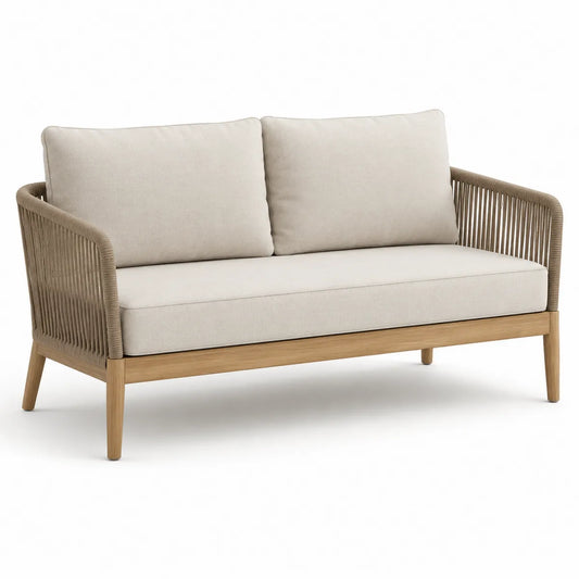Sofa ogrodowa dwumiejscowa beżowa drewno teak tkanina poliestrowa 150 cm