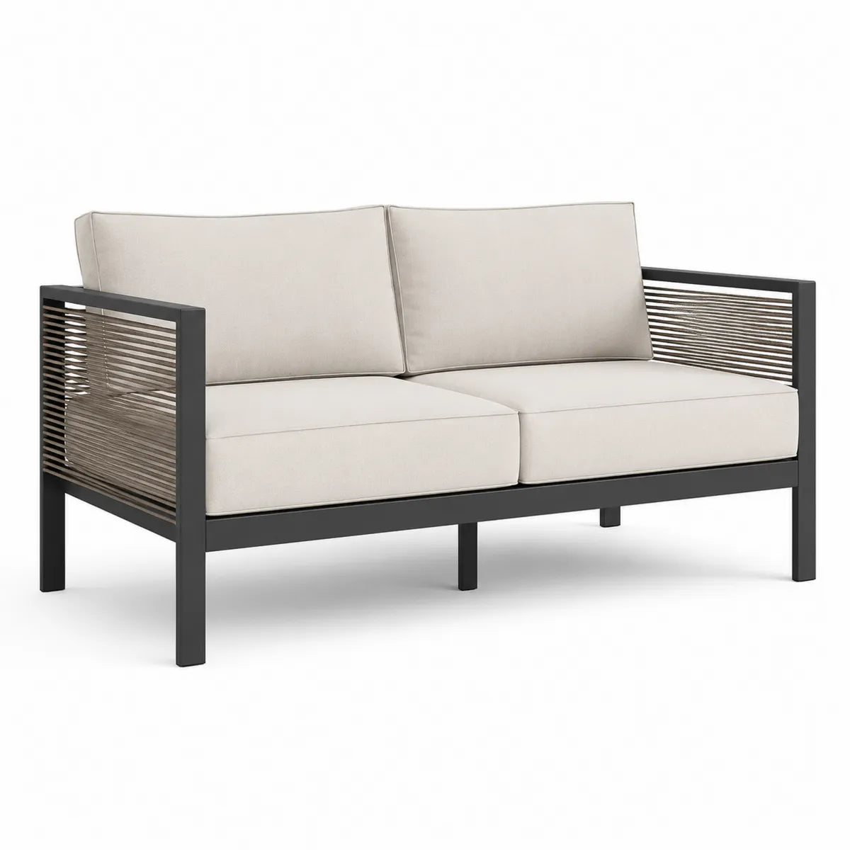 Sofa metalowa z beżowymi poduszkami 120 cm