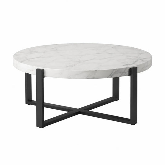 Okrągły stolik kawowy marmur biały czarny metal 70 cm