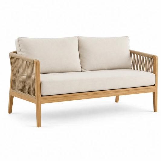 Sofa dwuosobowa jasnobeżowa z drewna tekowego 150x75x70 cm