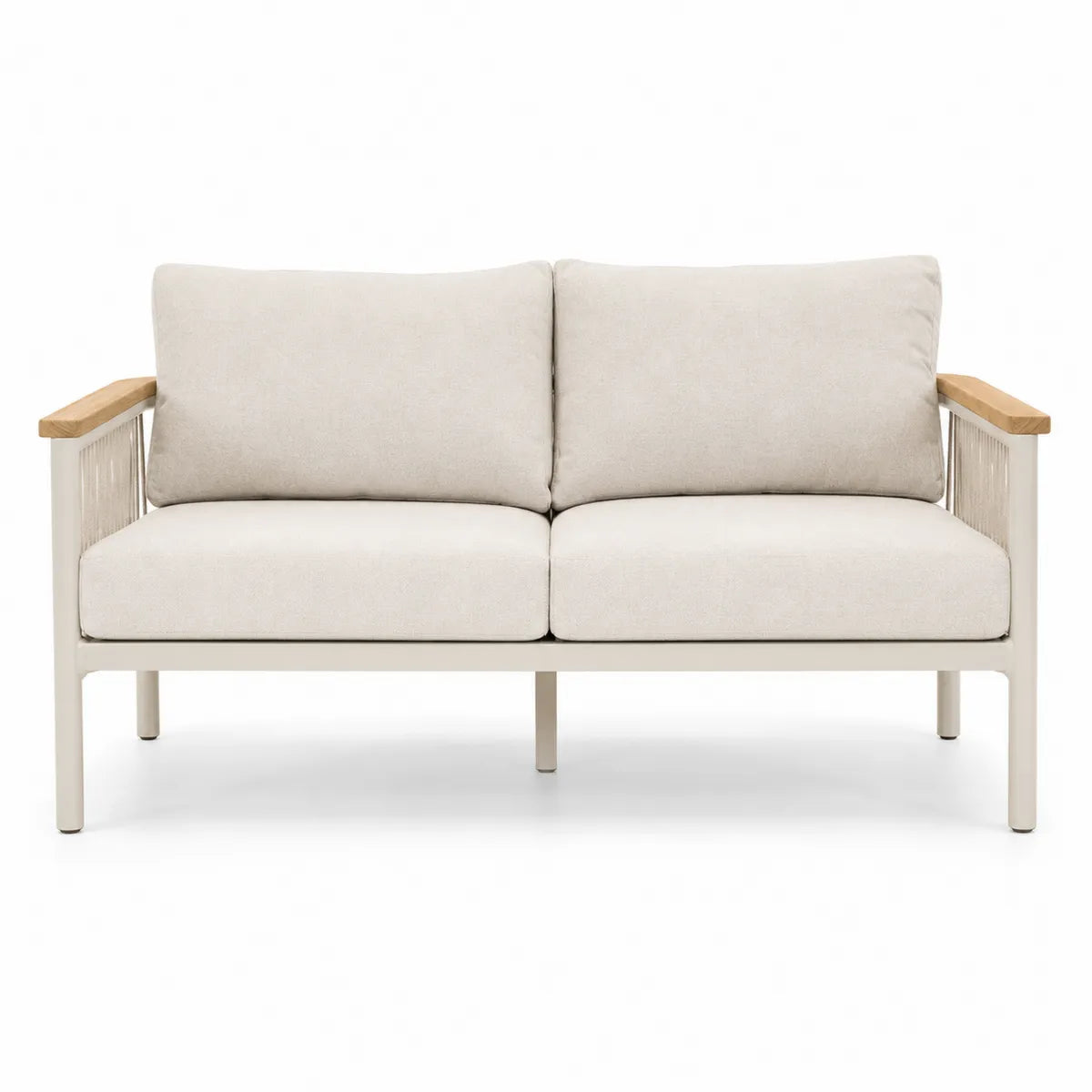 Dwuosobowa sofa metalowa beżowa z drewnianymi podłokietnikami
