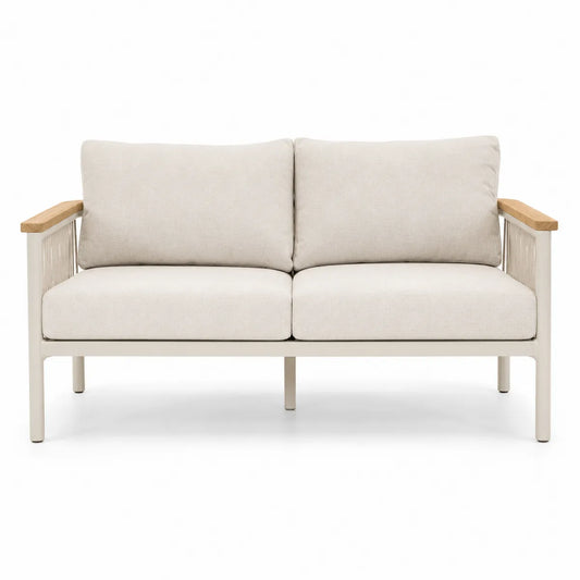Dwuosobowa sofa metalowa beżowa z drewnianymi podłokietnikami