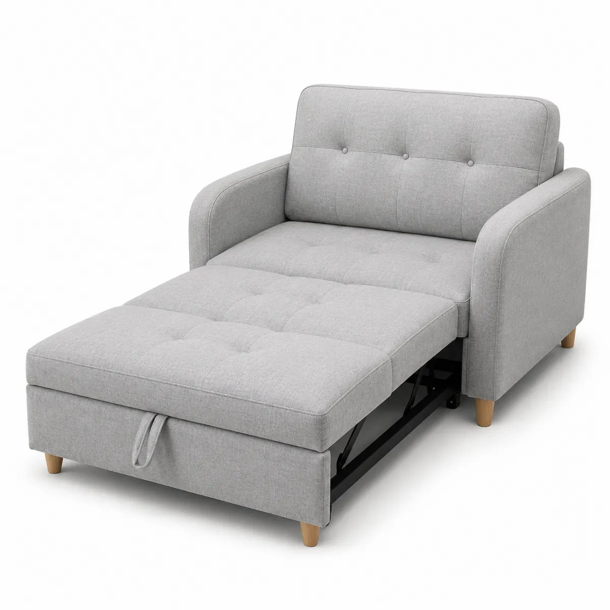 Sofa rozkładana szara poliester nogi drewniane 200 cm