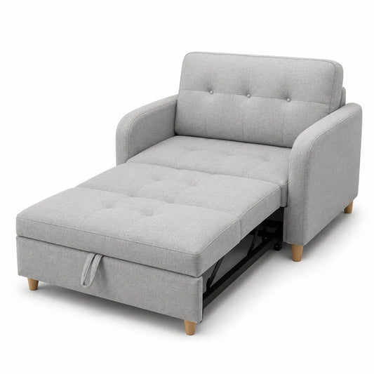 Sofa rozkładana szara poliester nogi drewniane 200 cm