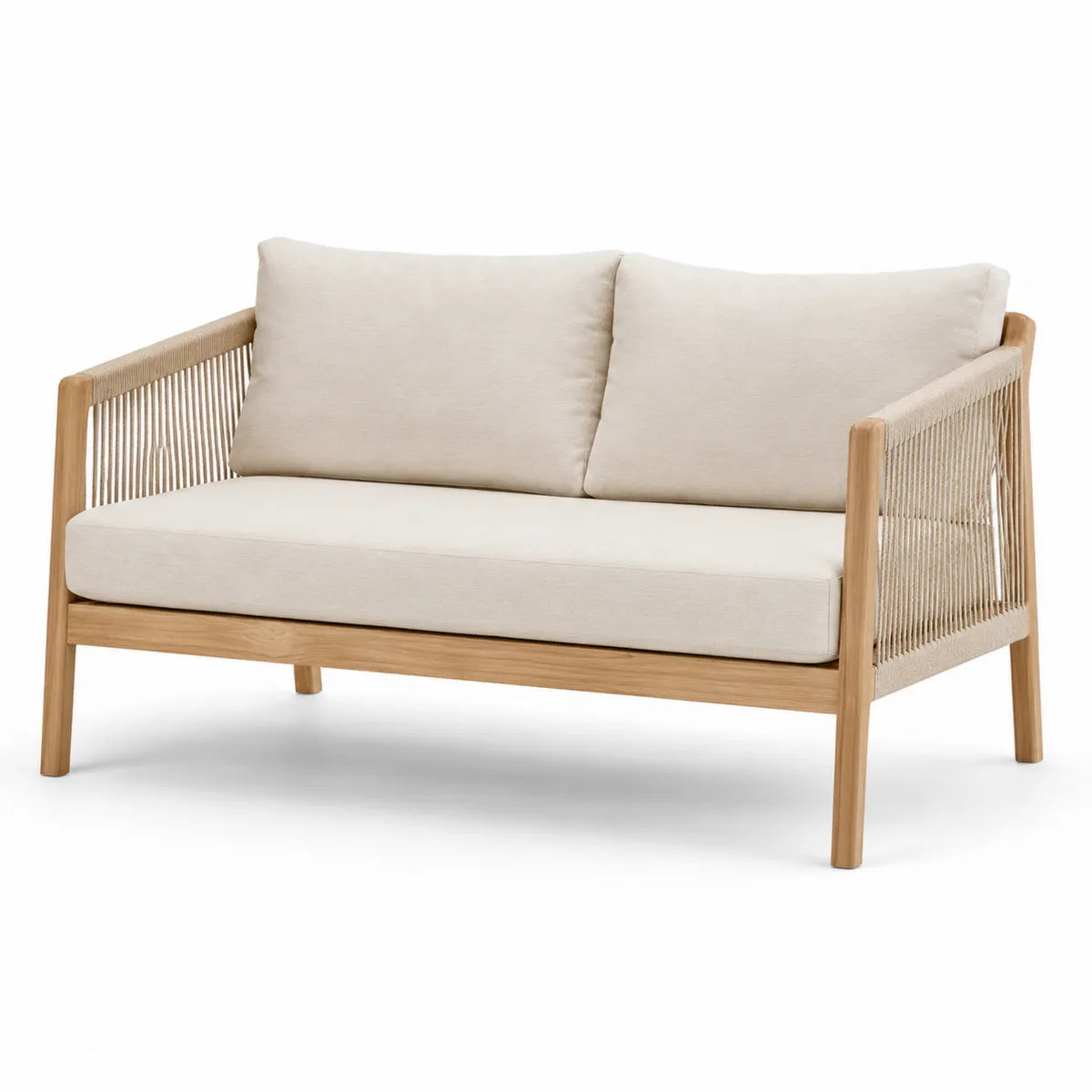 Dwuosobowa sofa z drewna teak z beżowymi poduszkami