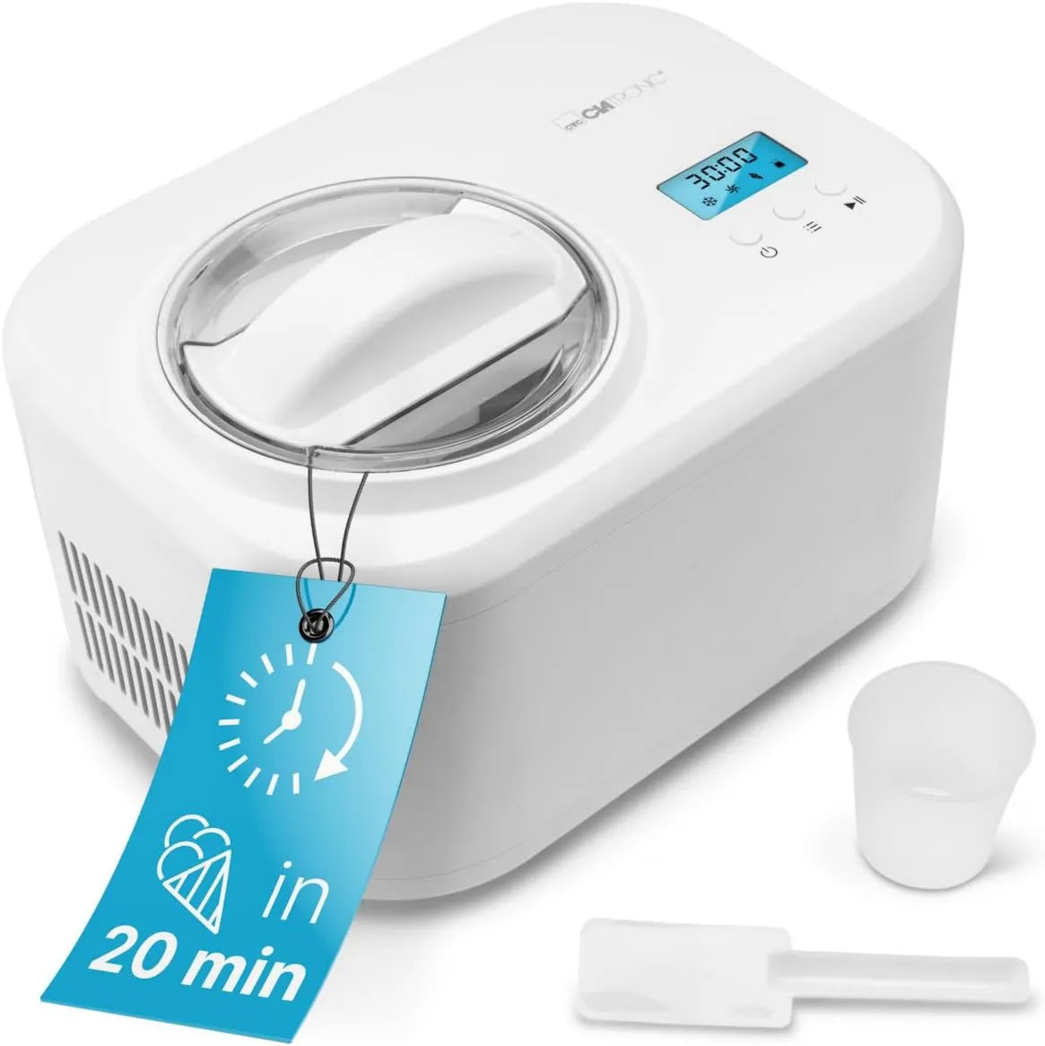 ICM 3799 kostkarka do lodu, 20 min, 1000 ml, Clatronic maszyna do lodów i jogurtu, maszyna do lodów i mrożonych jogurtów, szpachelka i kubek z miarką