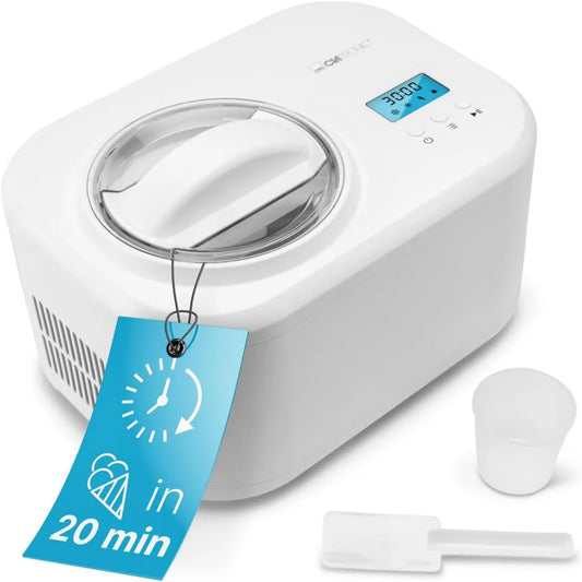ICM 3799 kostkarka do lodu, 20 min, 1000 ml, Clatronic maszyna do lodów i jogurtu, maszyna do lodów i mrożonych jogurtów, szpachelka i kubek z miarką