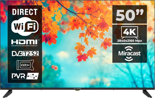 KIANO telewizor, Inteligentna Elegancja ów, 50 cali, 3840 × 2160, TV, 4K UHD, HDR, potrójny tuner DVB- T2, S2, HDMI, USB, WiFi, Bluetooth, Android OS, VESA 200 × 300 DVB-T2