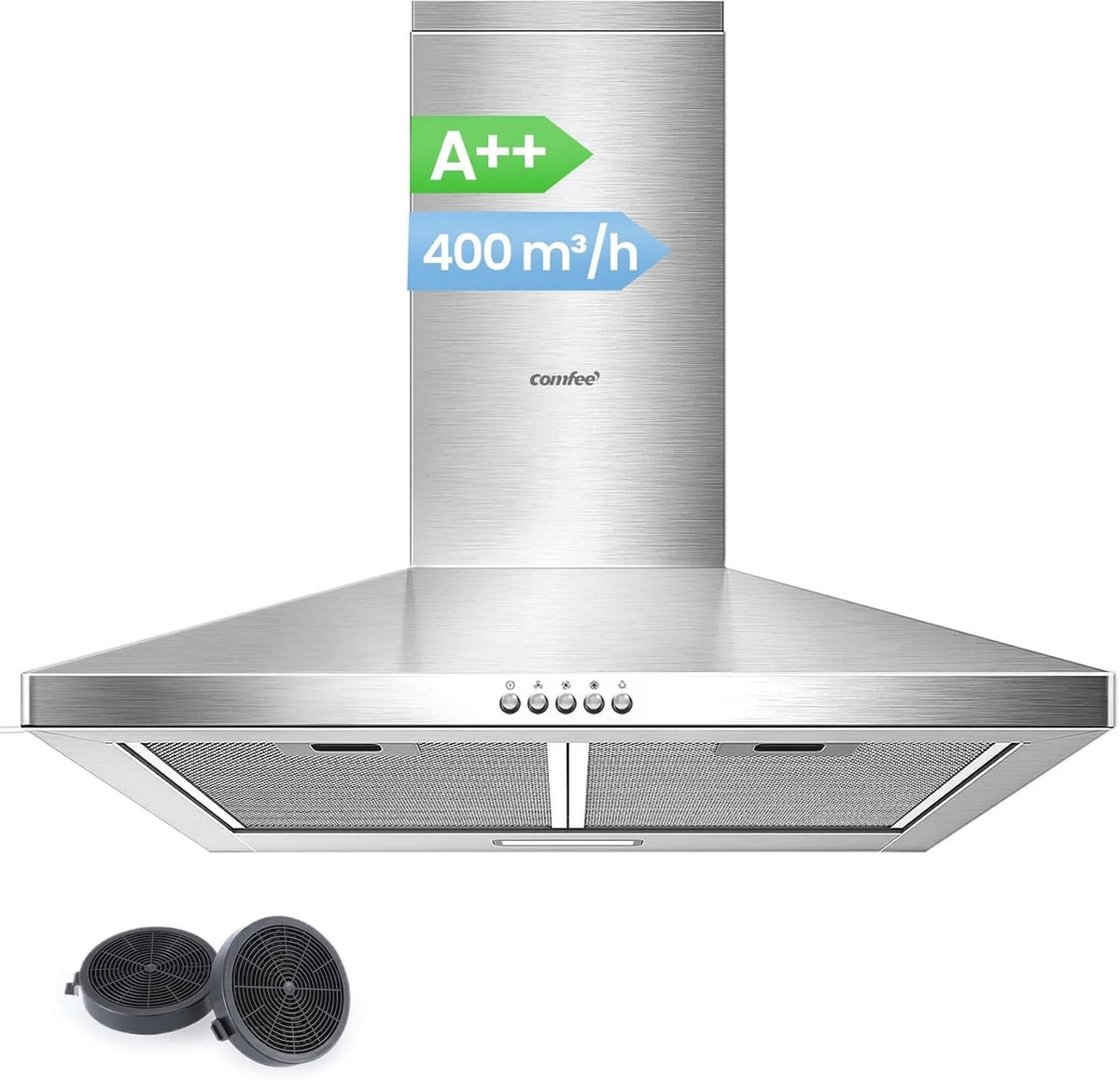 Comfee okap kuchenny, Okap próżniowy, 60 cm, 400 m3 / h, 'CH60A17EM400SS- EU, 3 prędkości, srebro, LED, recyrkulacji i ewakuacji, Filtr z m3/h CH60A17EM400SS-EU