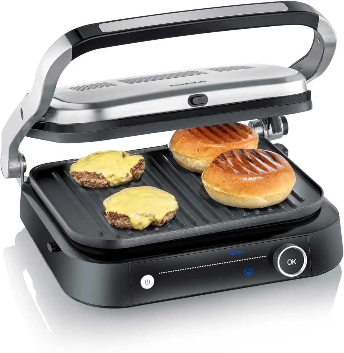 Severin grill elektryczny, KG 2395 Wielofunkcyjny do warzyw, steków i paninis, wielogrilowe mięso 7 automatycznych programów, 1 800 W, Grill mięsa