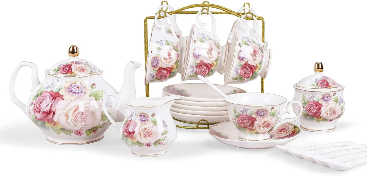 fanquare, Niebieski kwiatowy ekspres do kawy, różowy, 21 Porcelana Tea Service Części dla kobiet, vintage zestaw herbaty z kawy kubki i