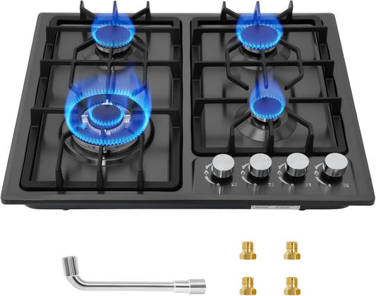 Płyta gazowa, 60 cm, 3400 W, 1800 W, Płyta gazowa z 4 palnikami, z żeliwnymi uchwytami, rozkładana NG/LPG, płyta gazowa z ochroną przed płomieniem