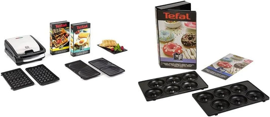 Tefal, XA801112 Gofry i kanapki, Czarny, 2 zestawy płyt w zestawie, Łatwe przechowywanie i Przekąski Box Kolekcja 2 pączków talerzy + książka
