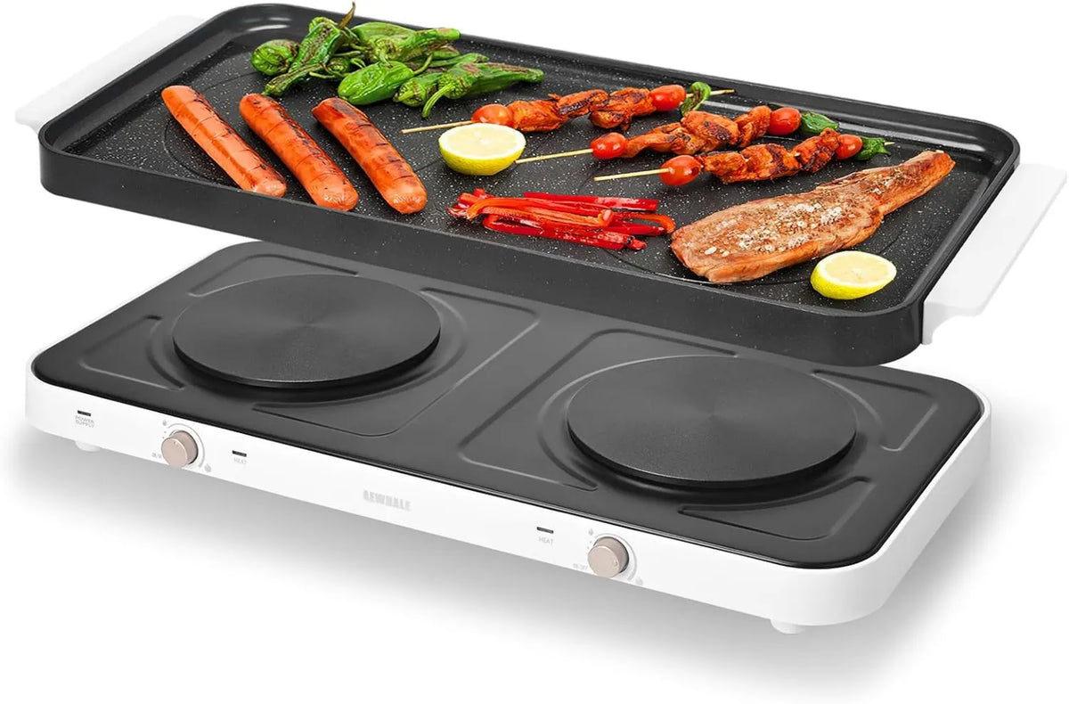 AEWHALE grill elektryczny, płyta grzewcza, 2 pola grzewcze, 1000 W, AEWHELE 1000 W + 1000 W, grill, kemping, wymienne, 2 strefy temperatury, czarny, Regulowana temperatura dla ogrodu